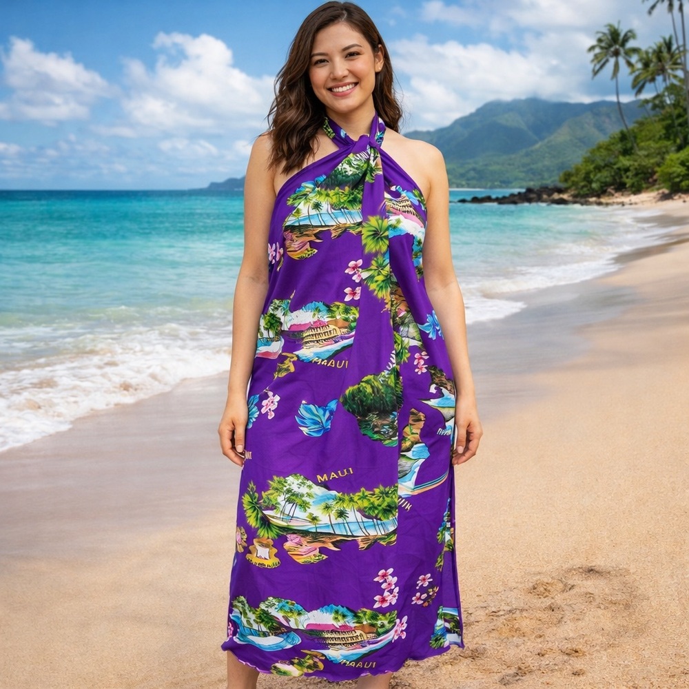 Hawaiian Island Map Print Sarong 3-in-1 Dress Floral VINTAGE ONE SIZE WRAP